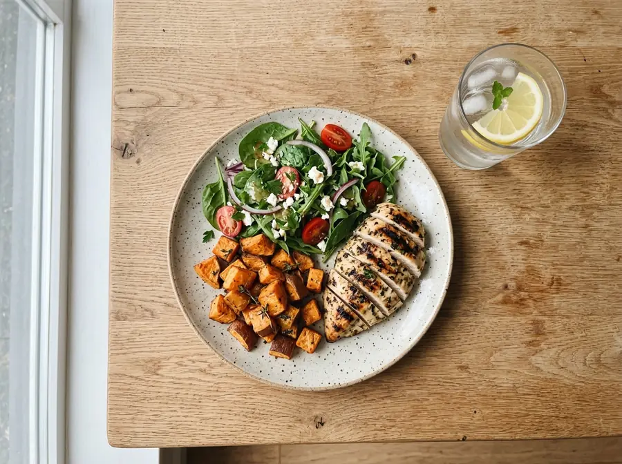 A plate of grilled chicken, sweet potato and greens on a wooden table.