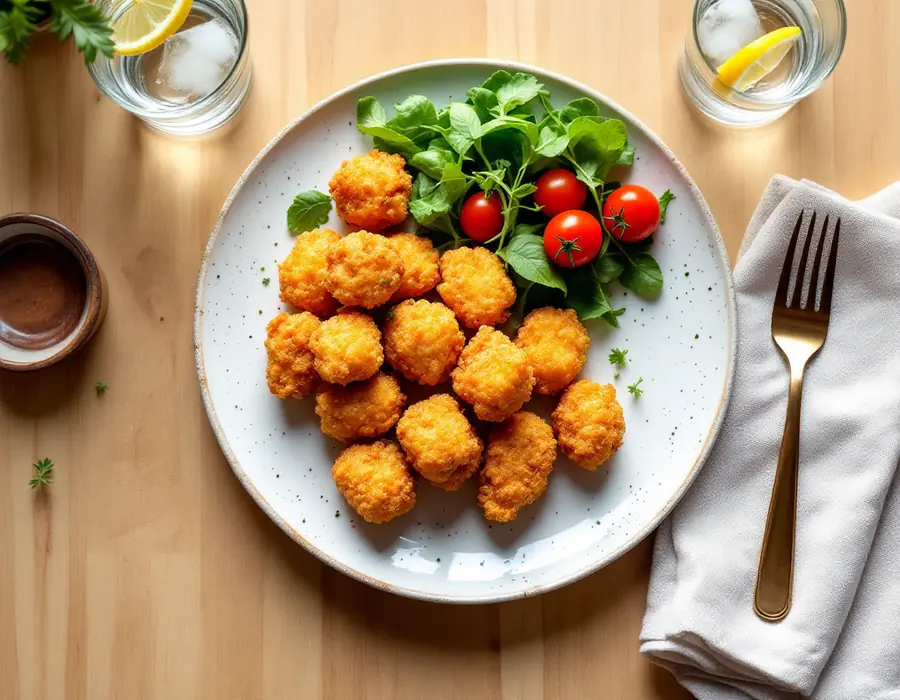 A plate of fried popcorn chicken with a side salad on a wooden table.