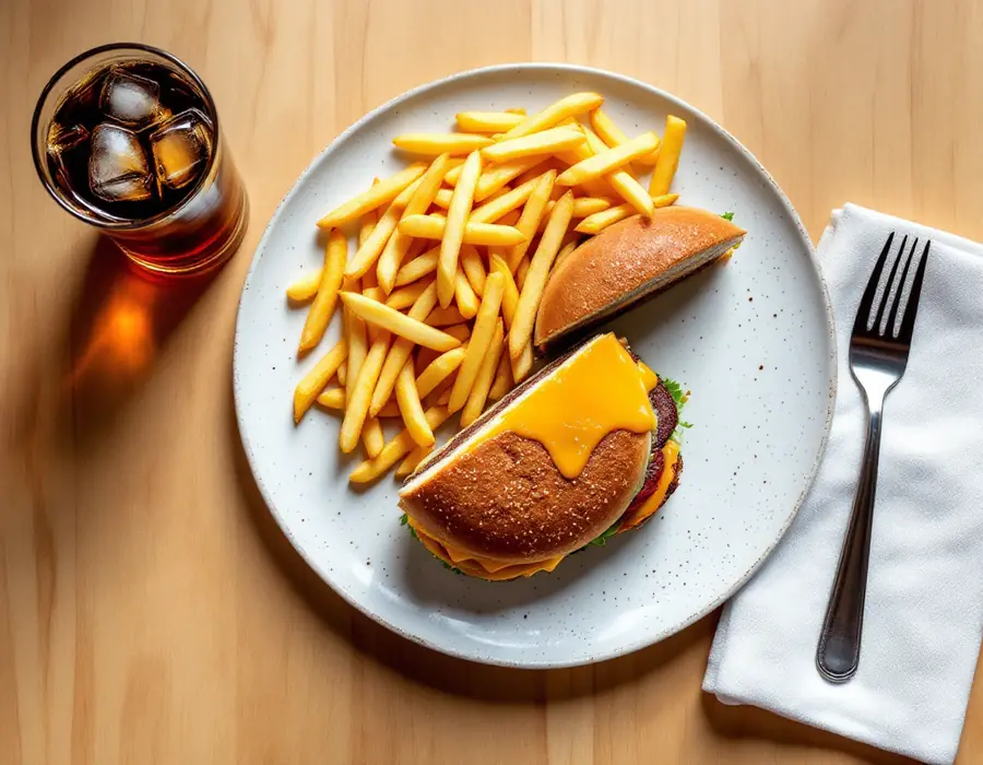 A cheeseburger with fries and a glass of cola on a wooden table.